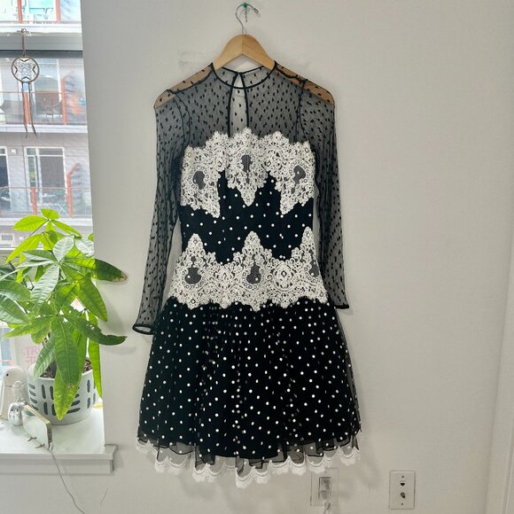 Victor Costa Black & White Long Sleeve Cocktail Dress VINTAGE - Picture 1 of 6